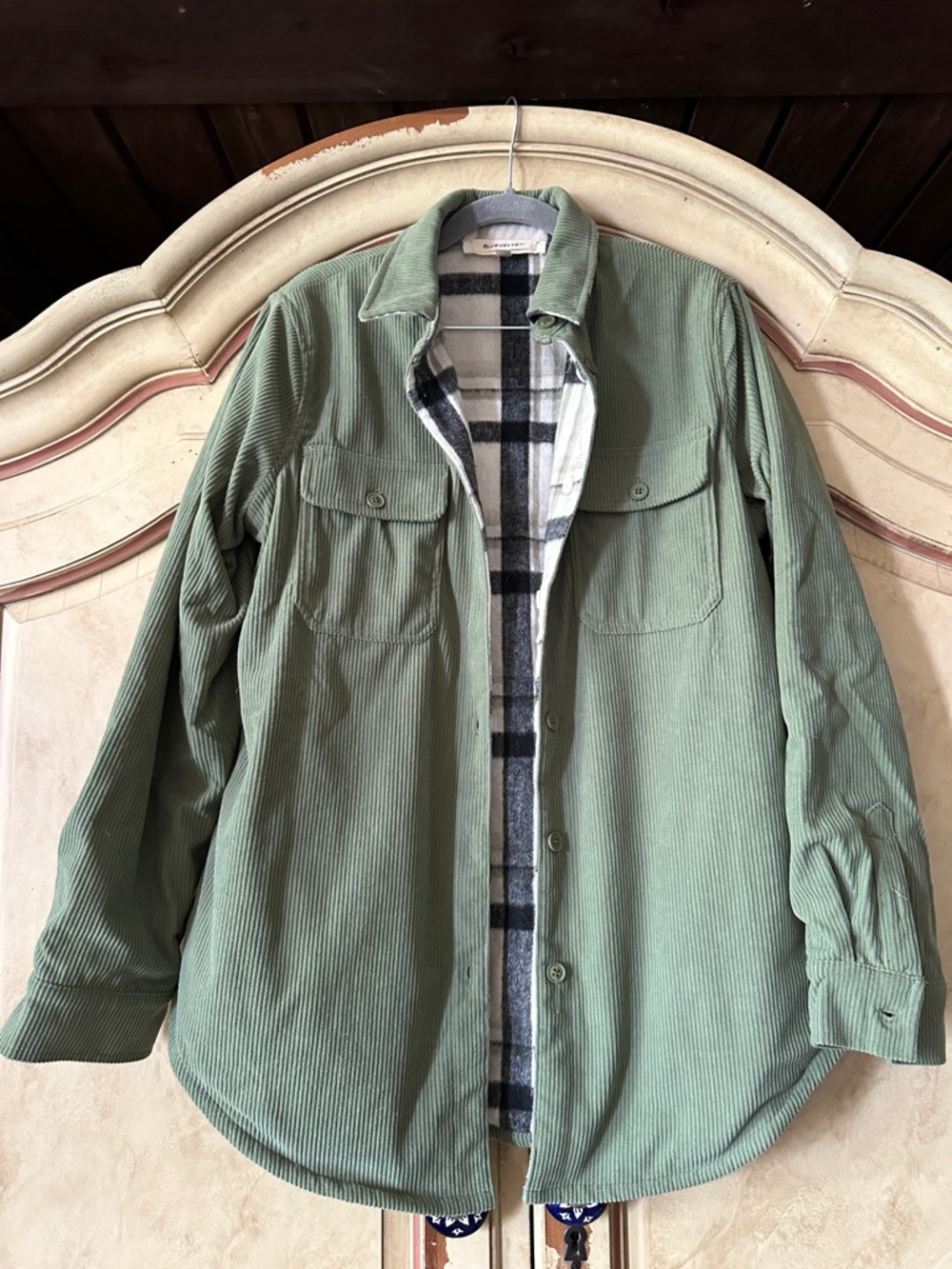 Corduroy Button-Down Shirt Jacket in Olive Green with Reversible Plaid Side